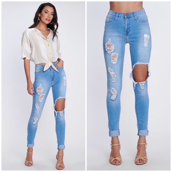 Distressed Tencel High Waist Skinny Jeans - Picture 2 of 7